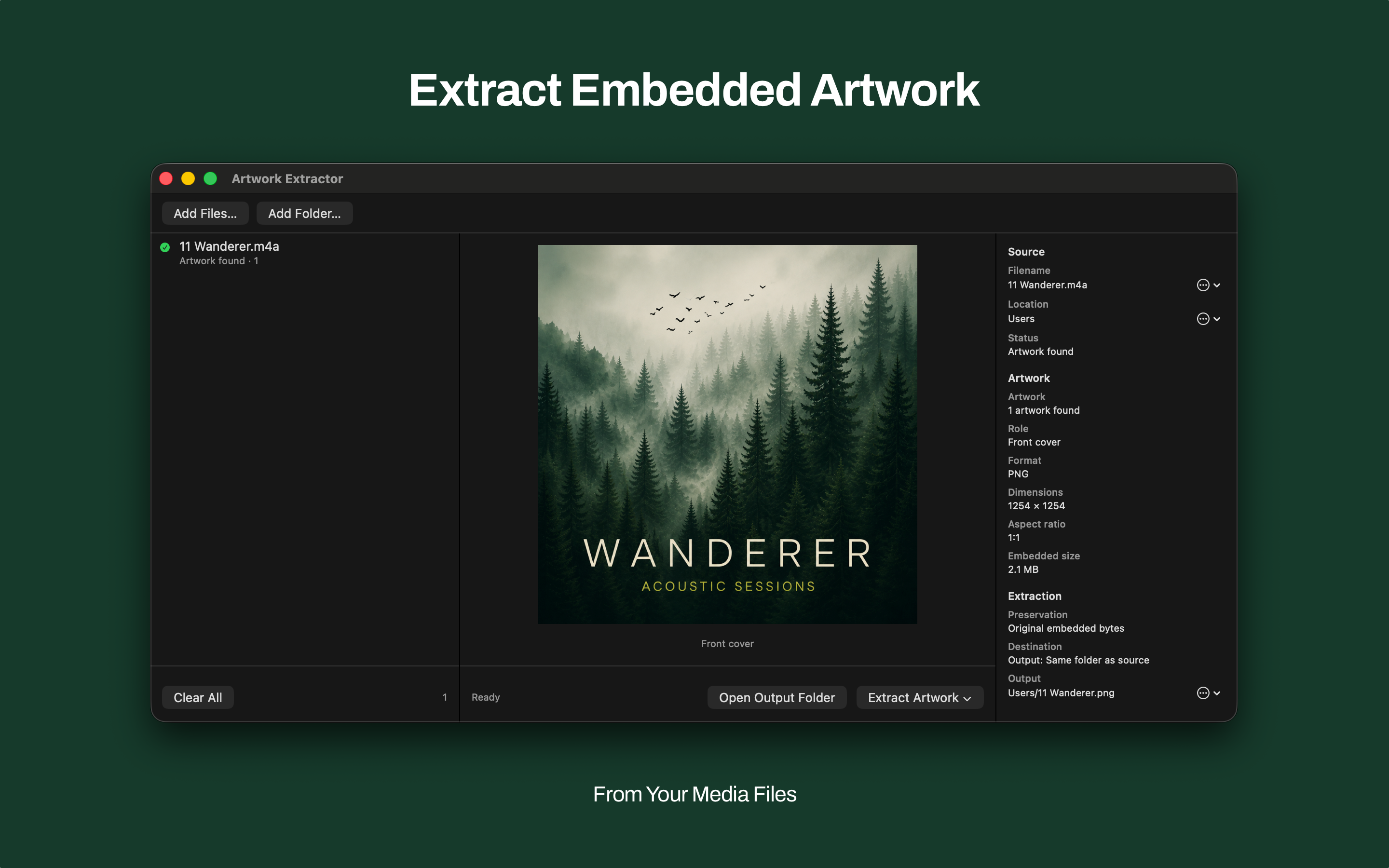 Mac Artwork Extractor with a media file selected, album art preview, and artwork details