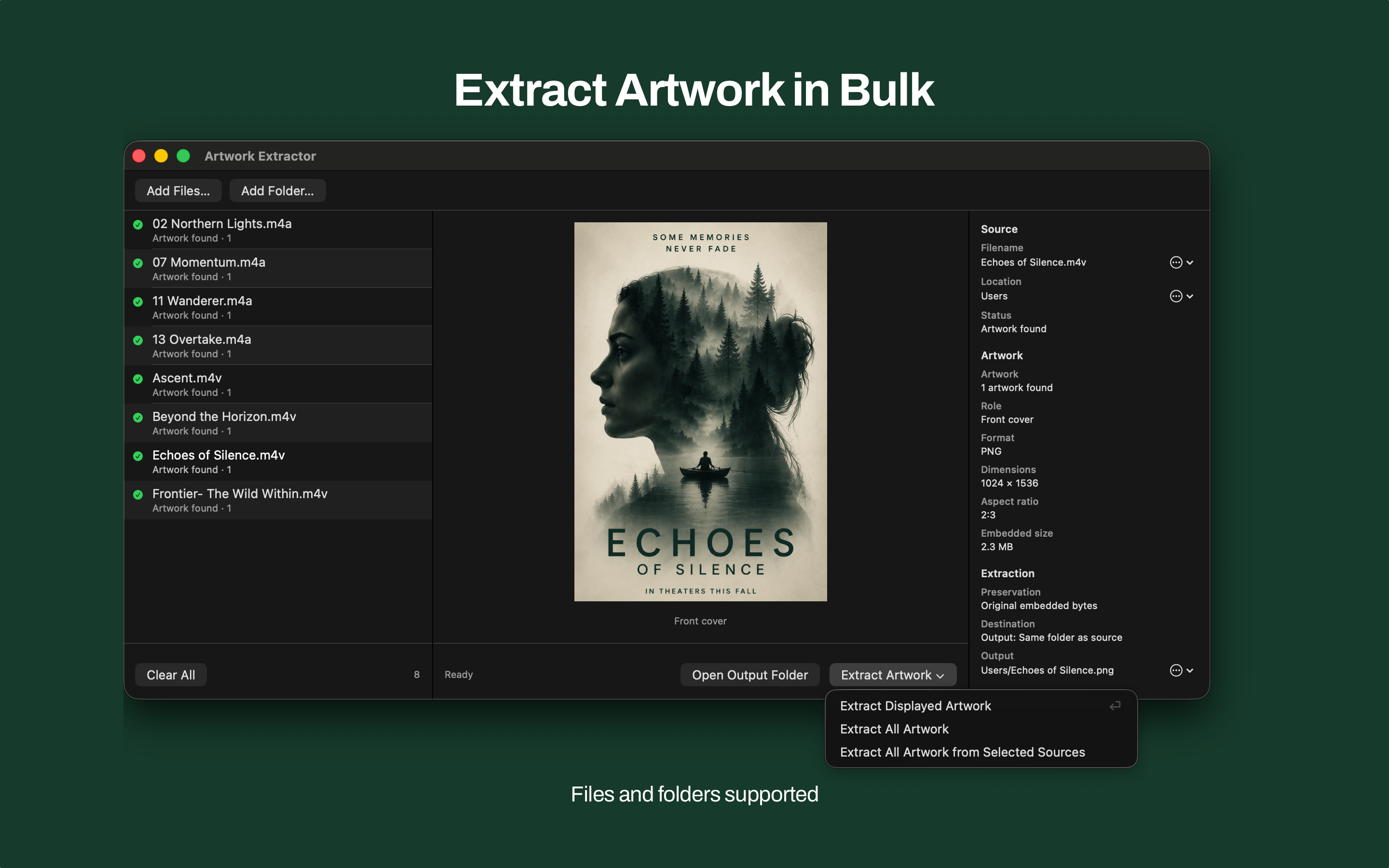 Mac Artwork Extractor with multiple sources queued and the Extract Artwork menu open