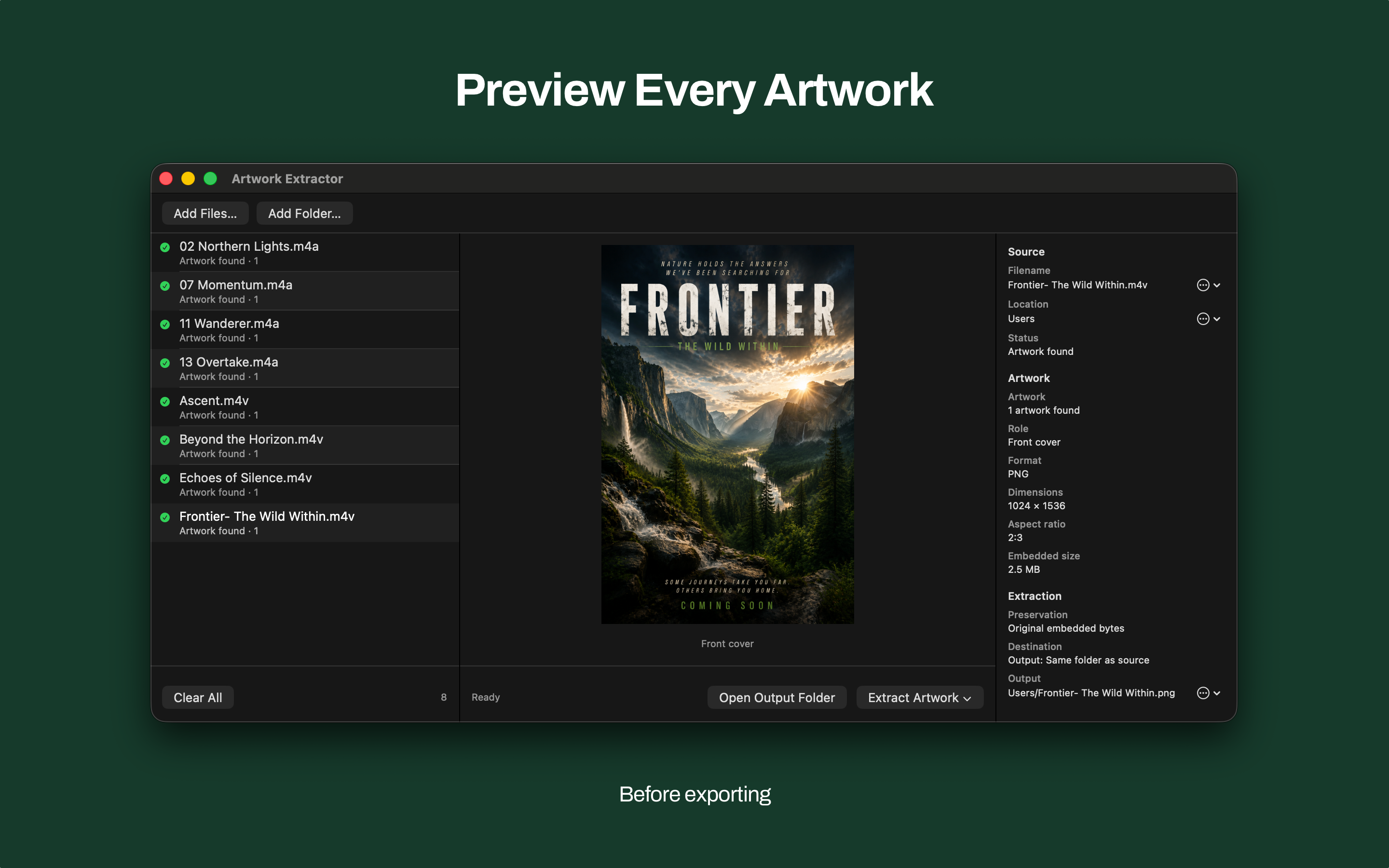 Mac Artwork Extractor previewing cover art for a selected video file before export