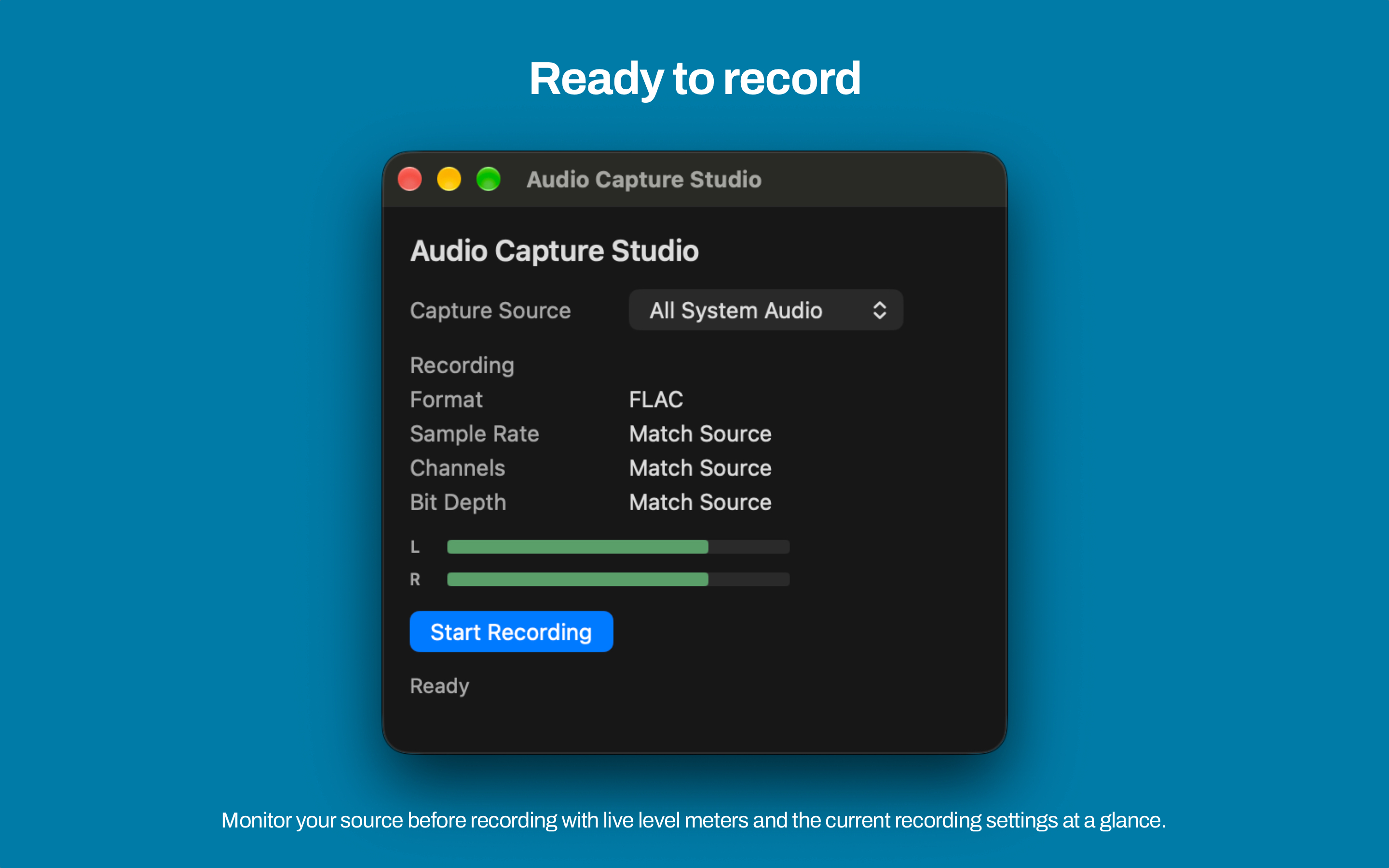 Mac Audio Capture Studio ready state with capture source options and Start Recording