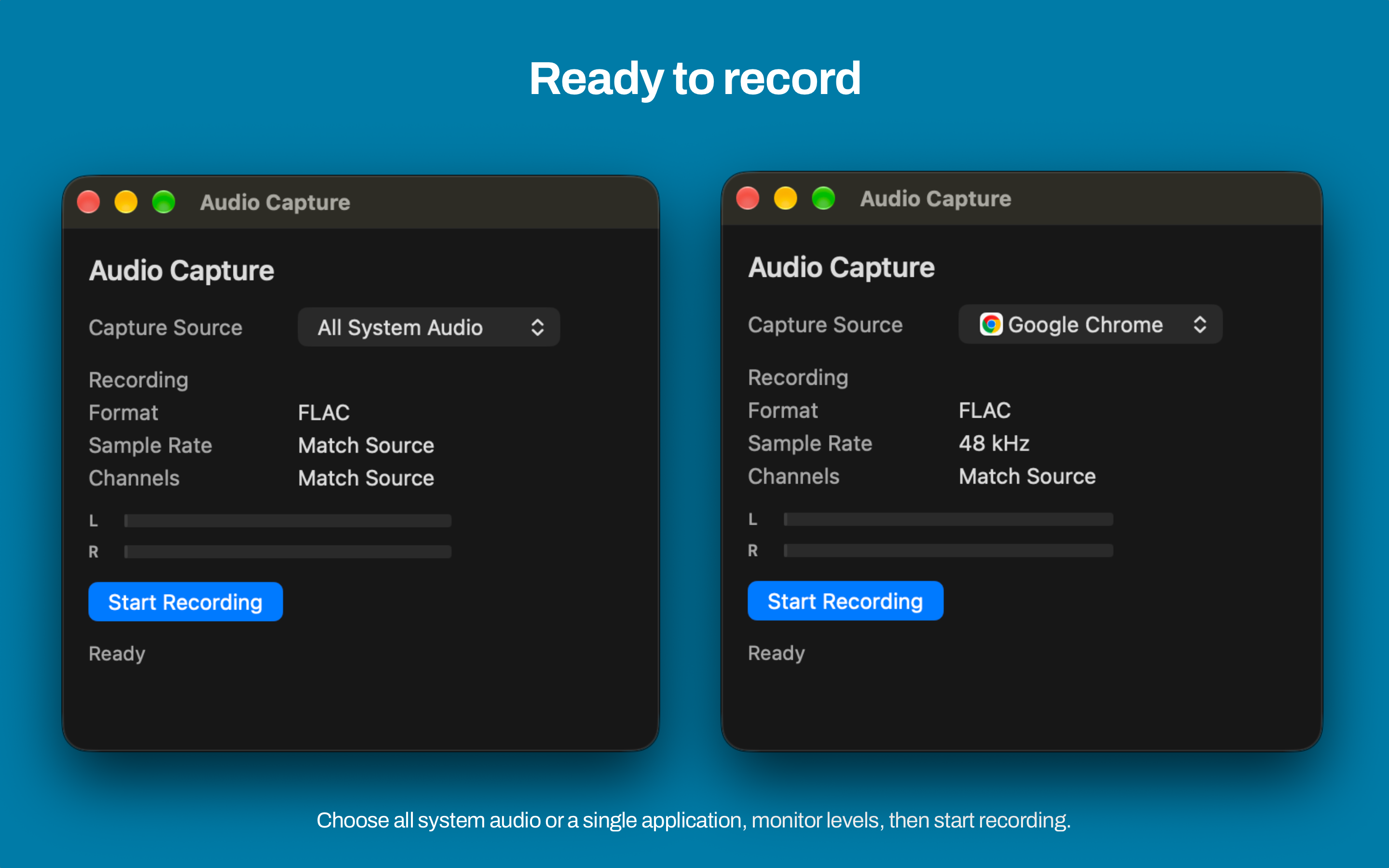 Mac Audio Capture ready state showing All System Audio and a selected application side by side with Start Recording