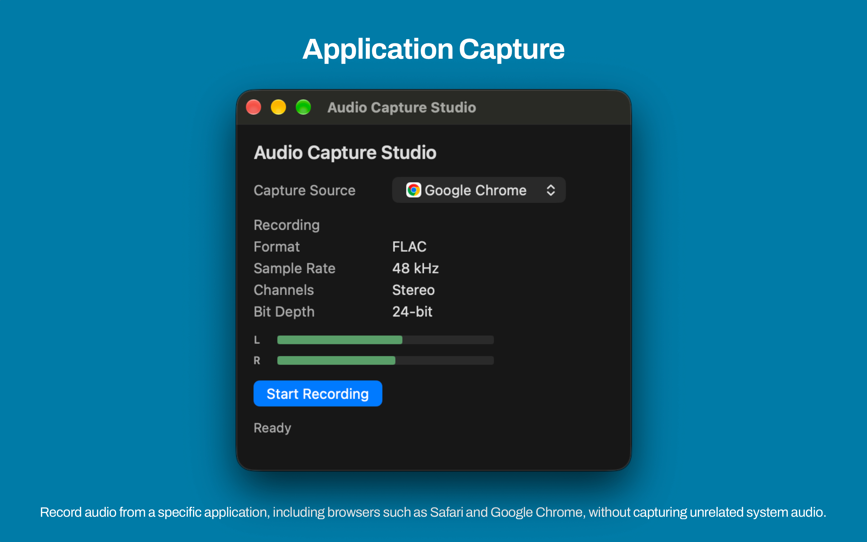 Mac Audio Capture Studio Application capture with a selected app and Start Recording