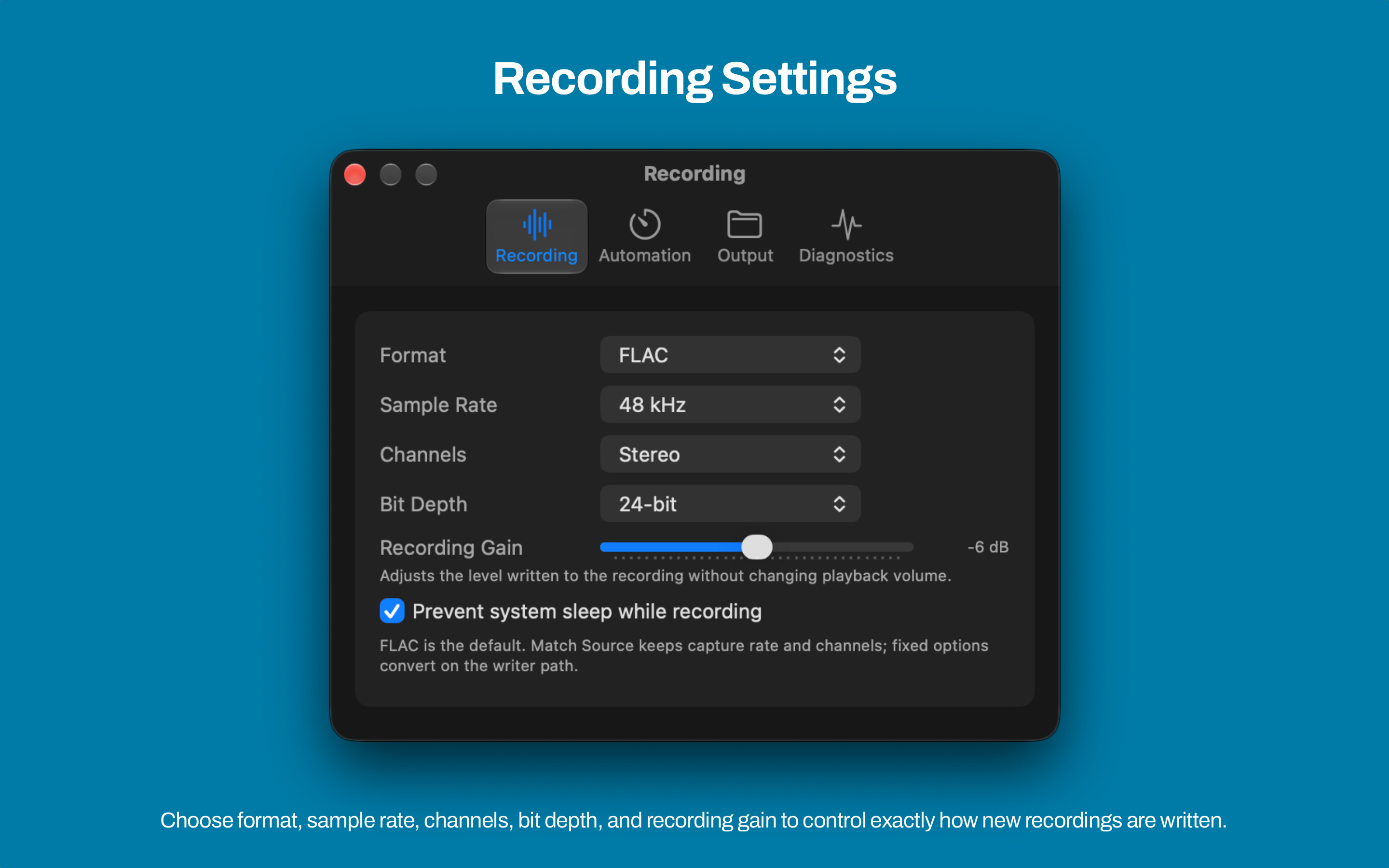 Mac Audio Capture Studio Recording settings with format, sample rate, channels, and output folder