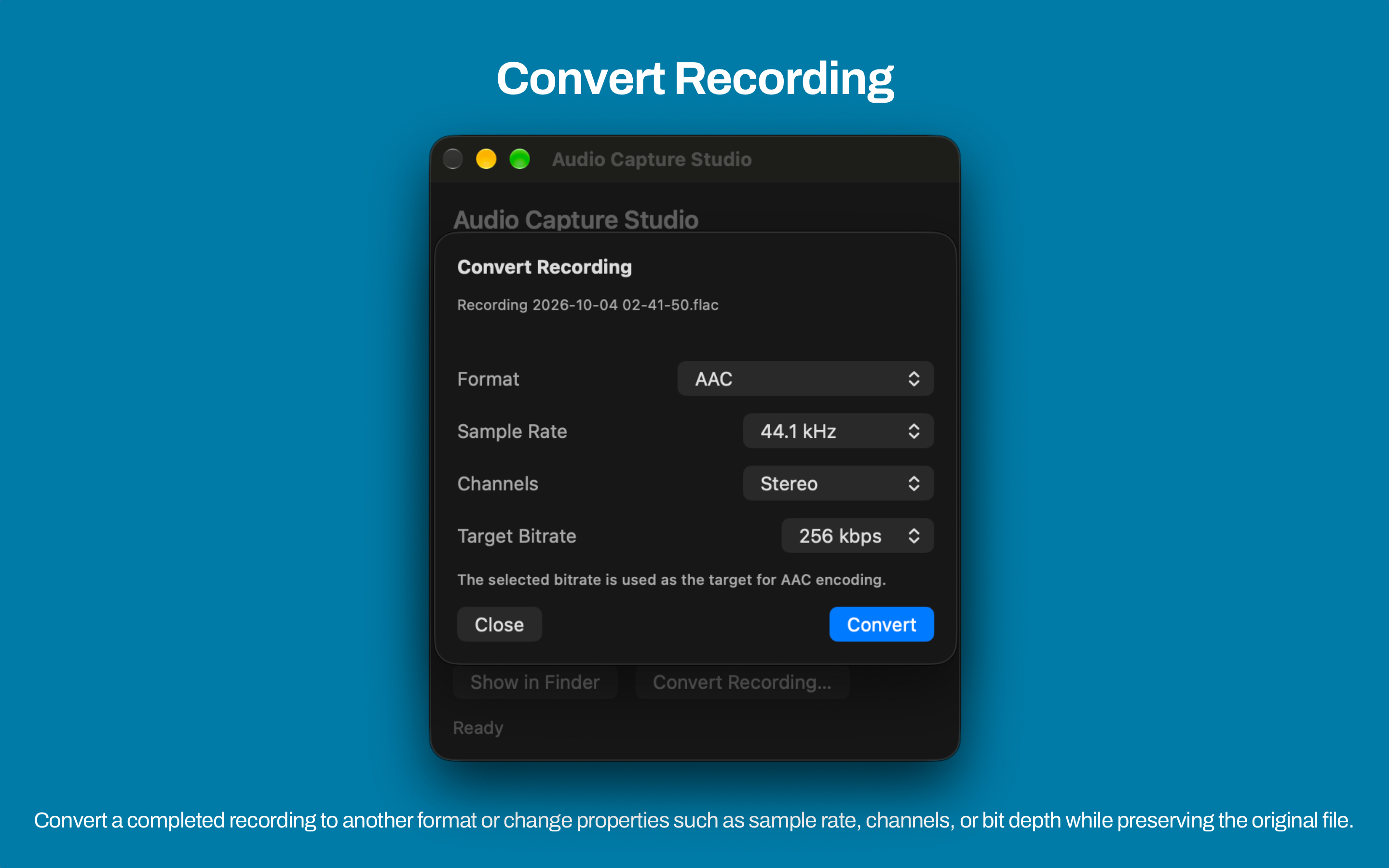 Mac Audio Capture Studio Convert Recording sheet with destination format options