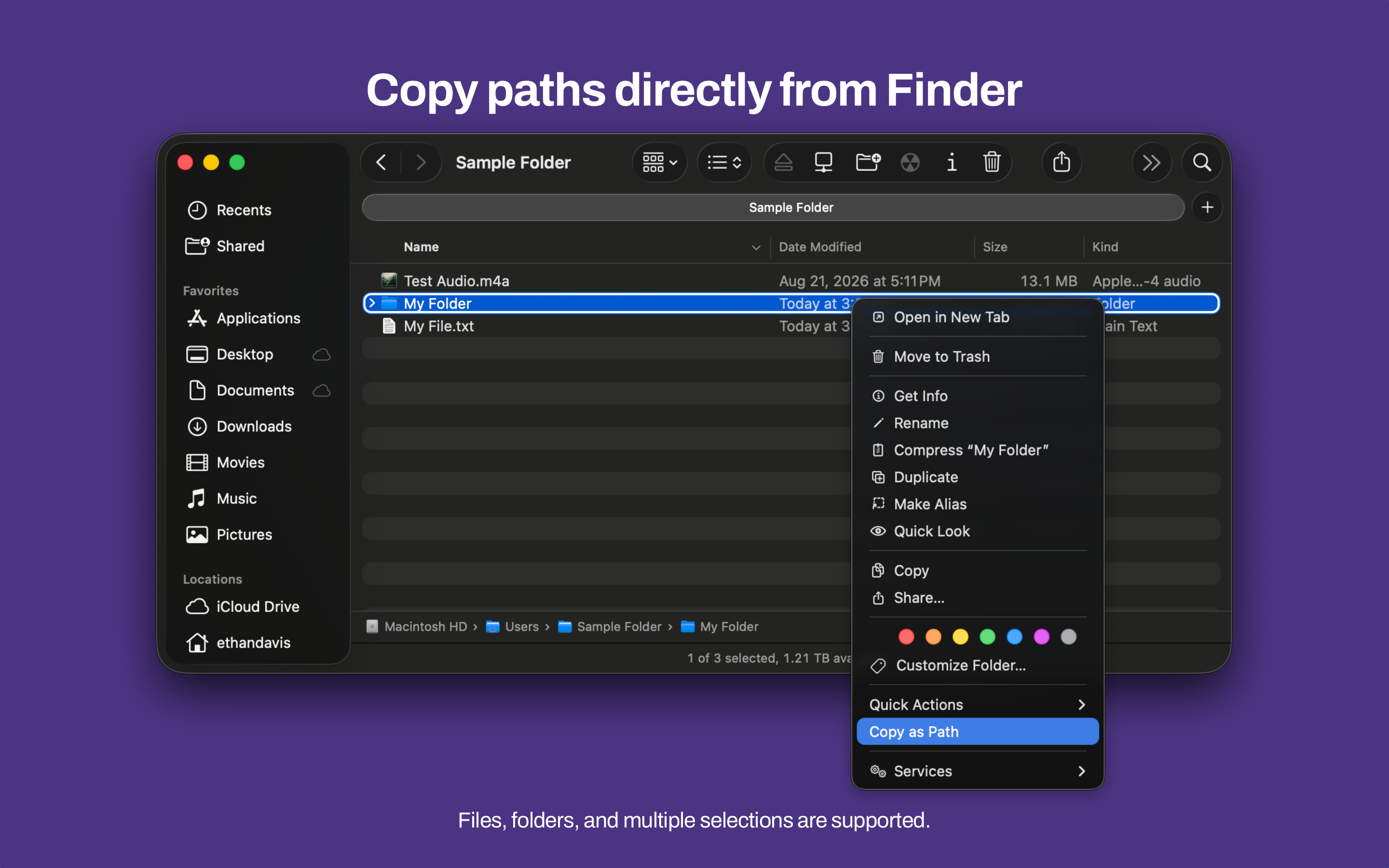 Mac Finder with files selected and the Copy as Path context menu command highlighted
