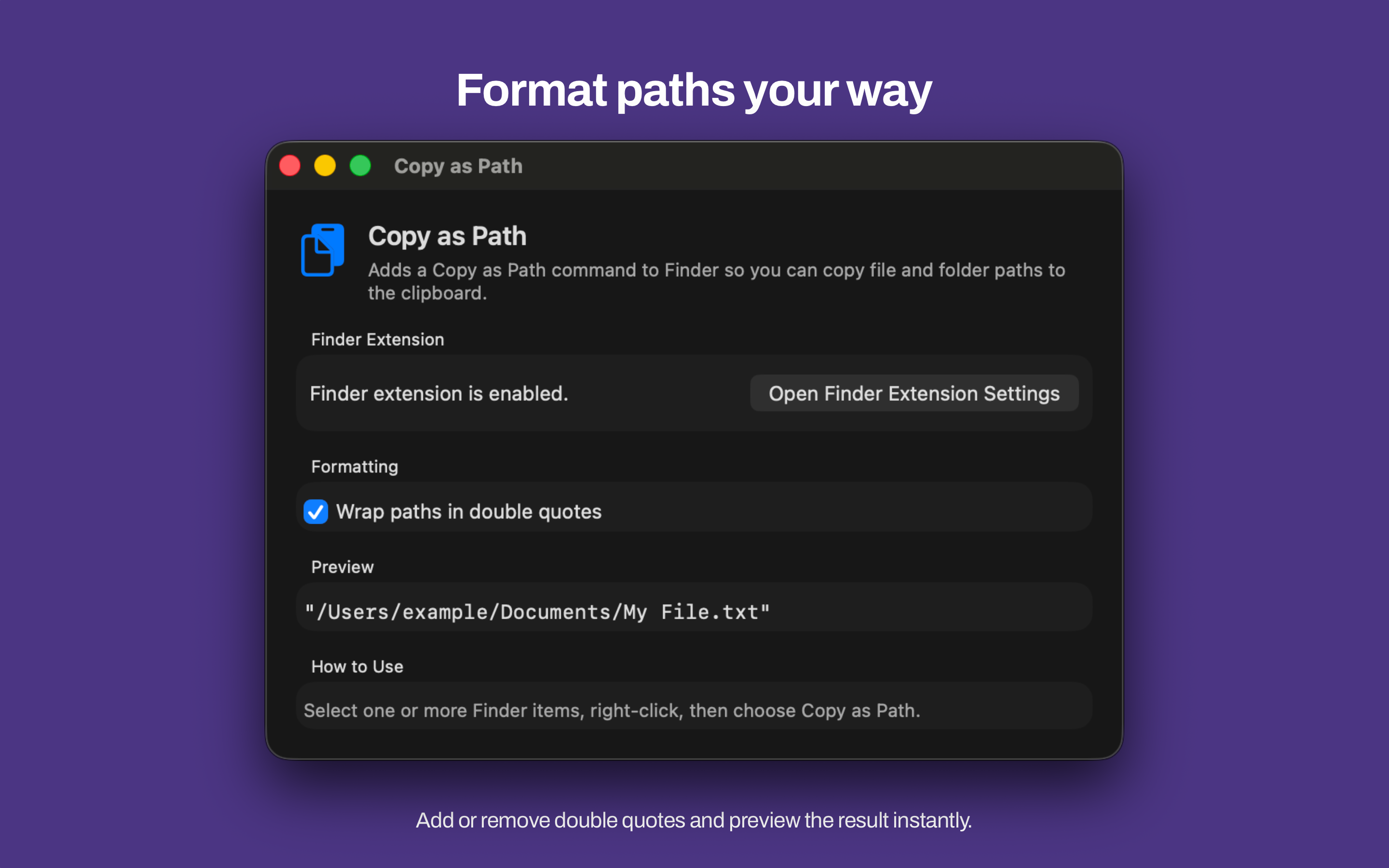 Copy as Path settings window showing the Wrap paths in double quotes option and live formatting preview