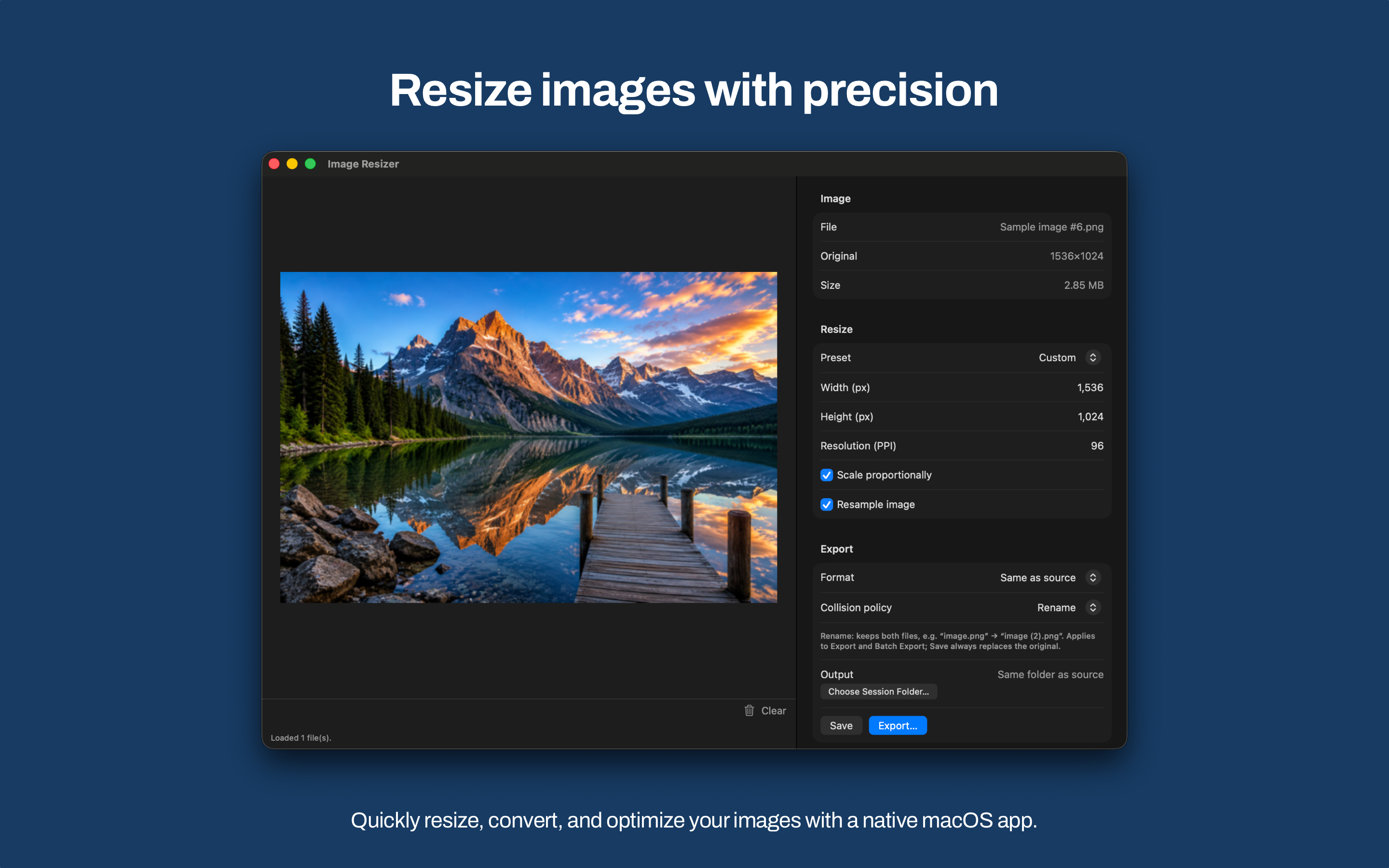 Mac Image Resizer with a photo preview and resize controls for width, height, and resolution