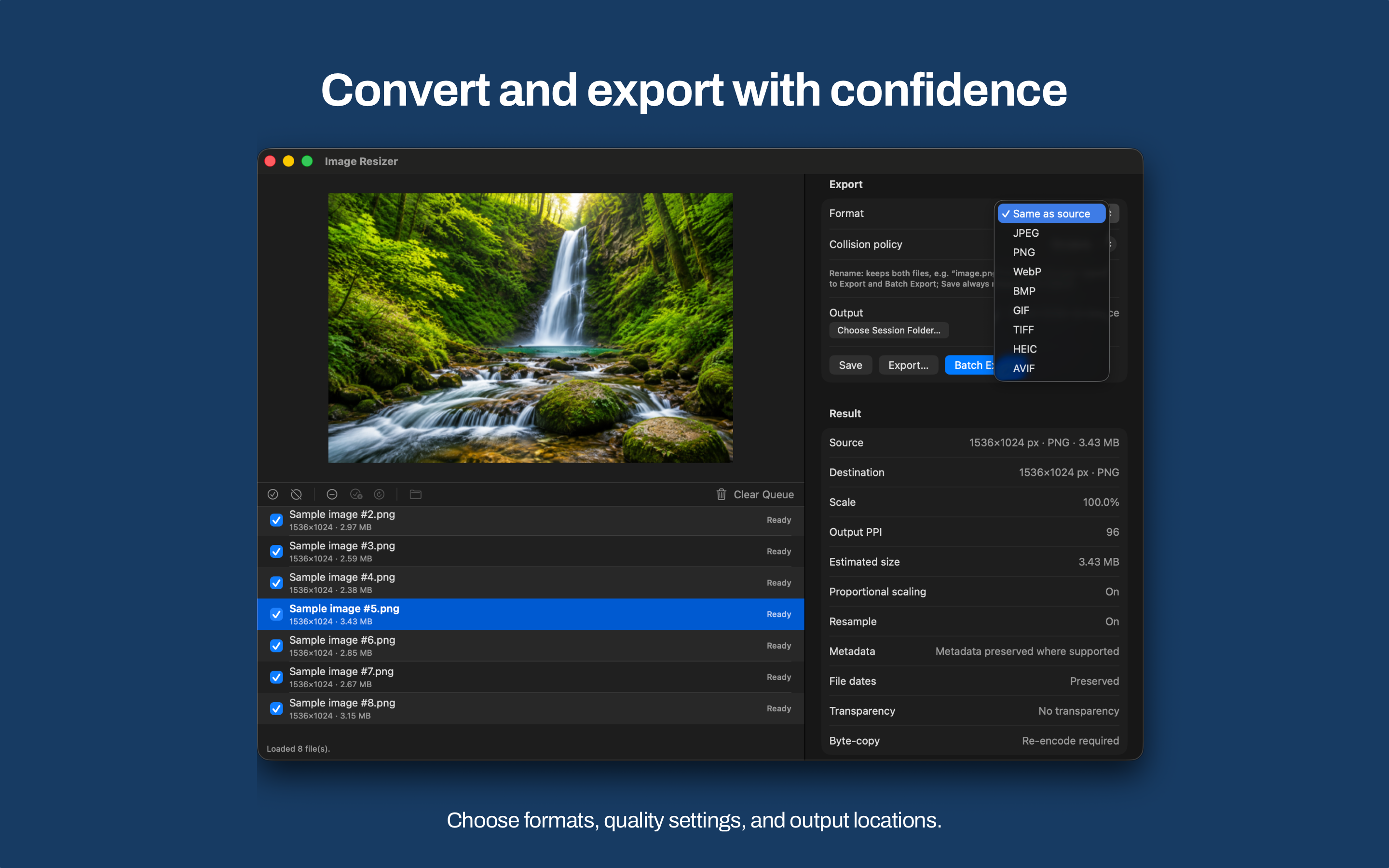 Mac Image Resizer with a file queue and the export format menu open