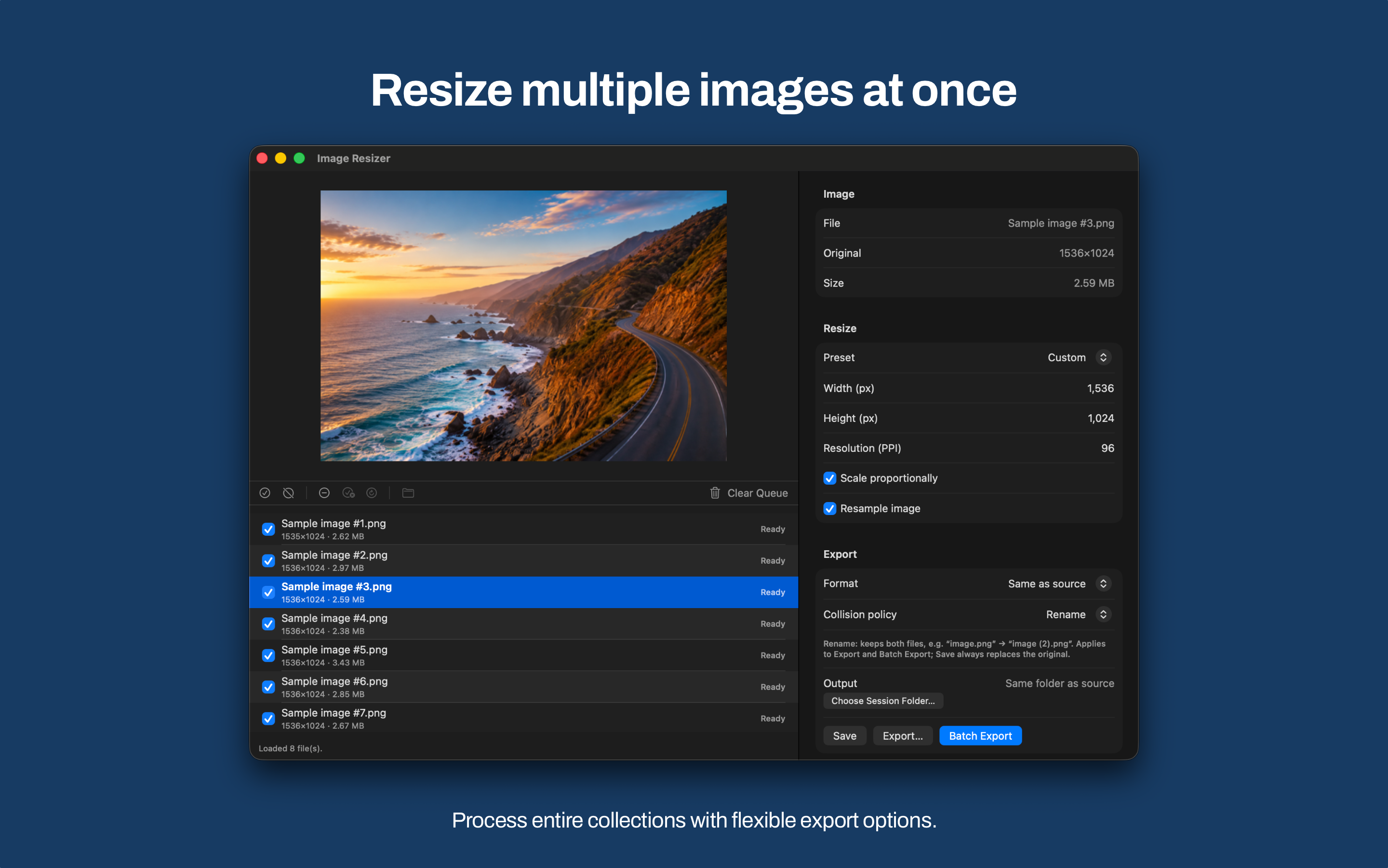Mac Image Resizer with multiple images queued and batch export controls