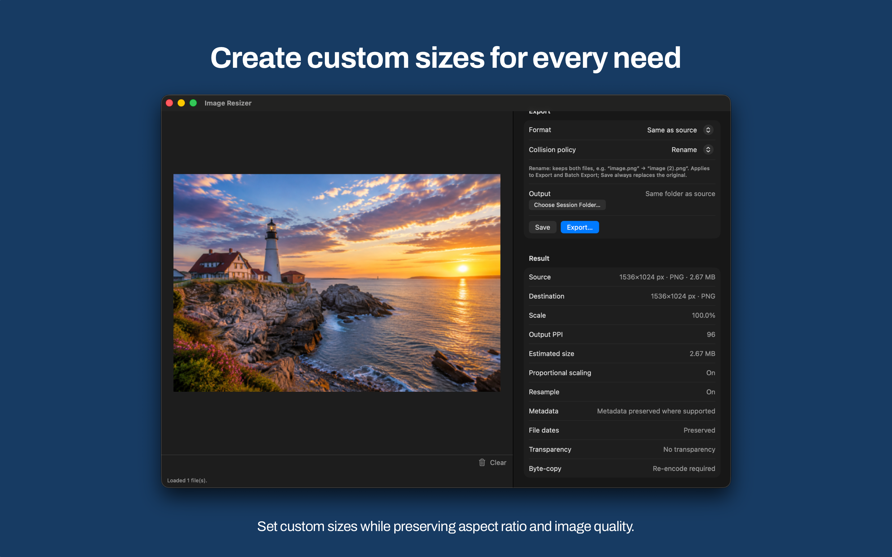 Mac Image Resizer showing export settings and the Result summary panel