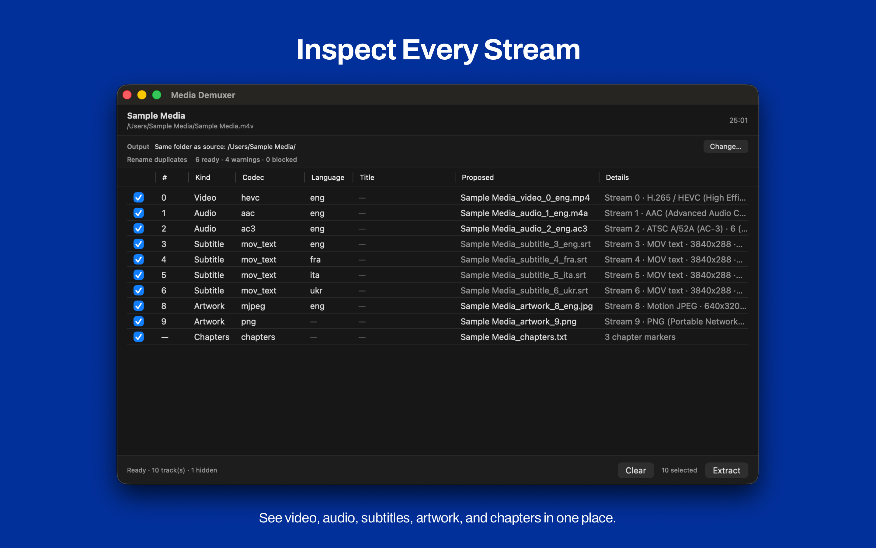 Mac Media Demuxer showing a stream table with video, audio, subtitle, artwork, and chapter tracks from an open media file