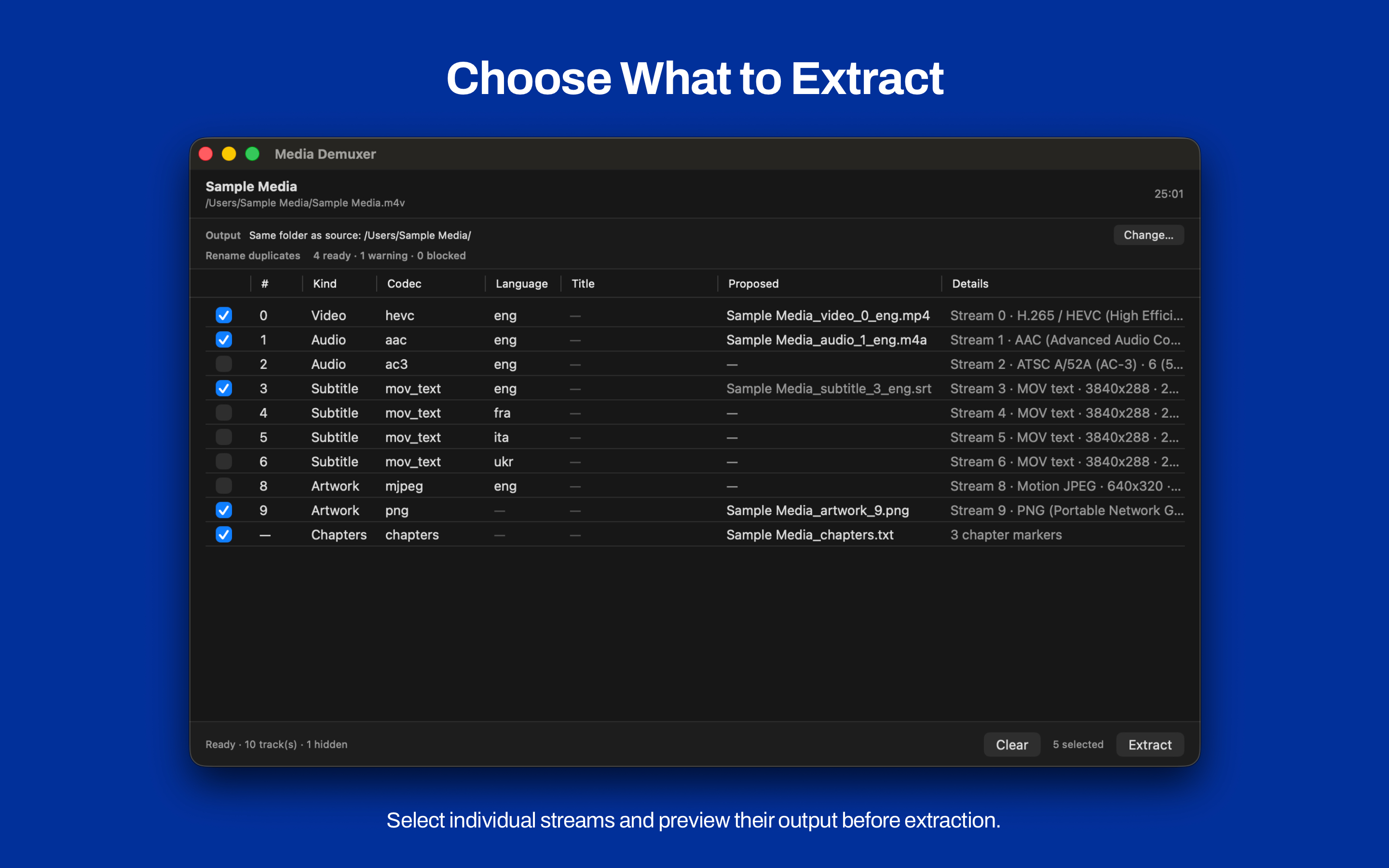 Mac Media Demuxer with individual video, audio, subtitle, artwork, and chapter streams selected for extraction