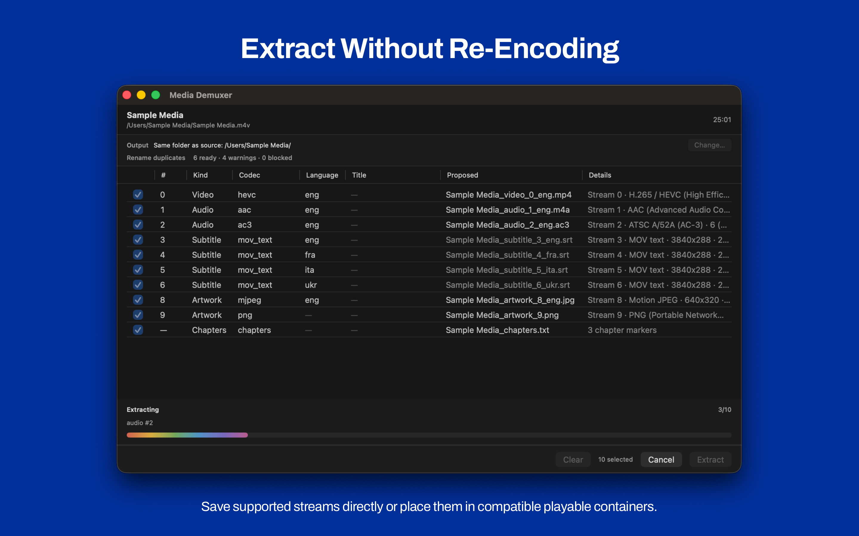 Mac Media Demuxer extracting selected streams with a progress bar showing extraction in progress