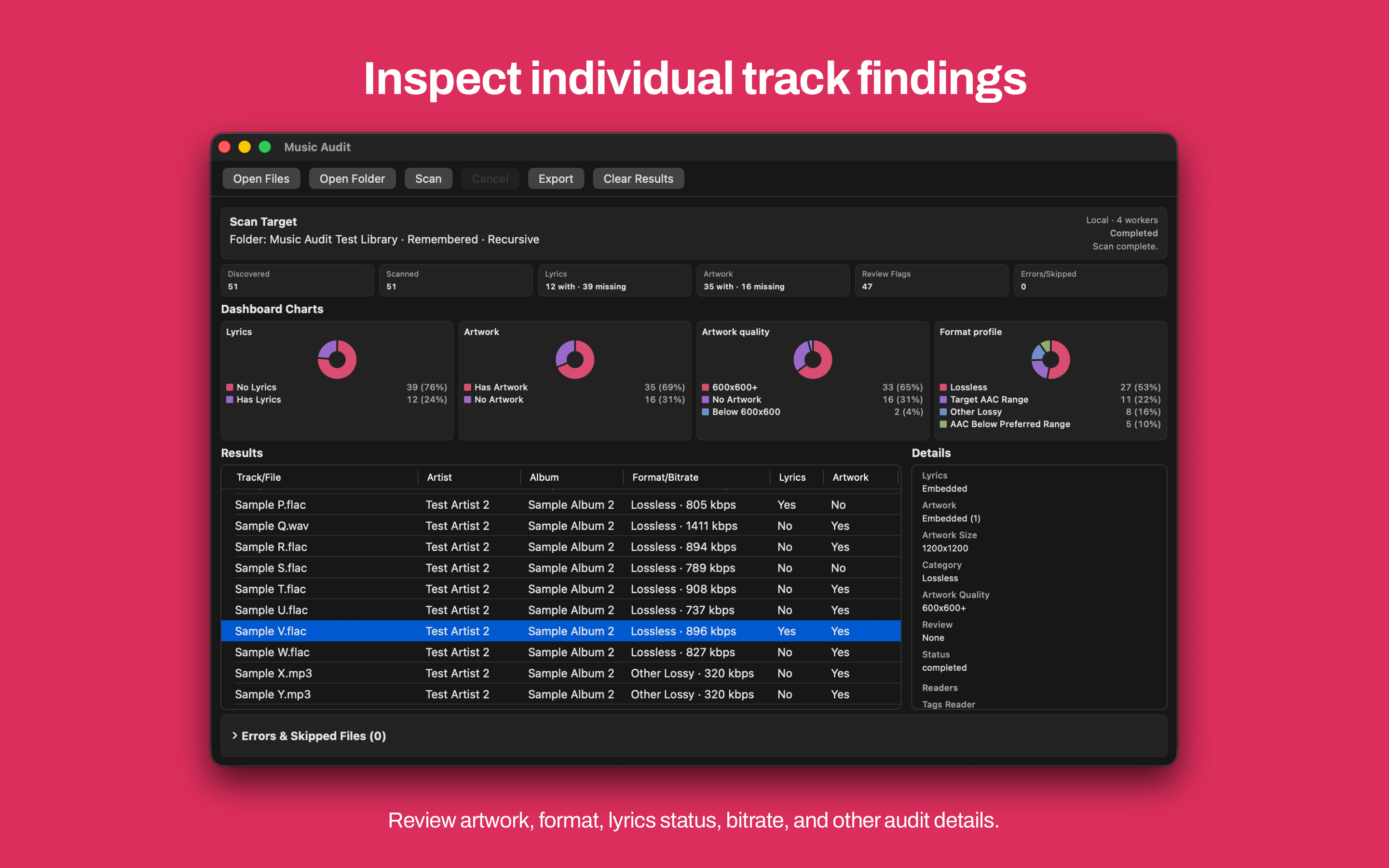 Mac Music Audit with a selected track in the results table and details for lyrics, artwork size, format category, and review status