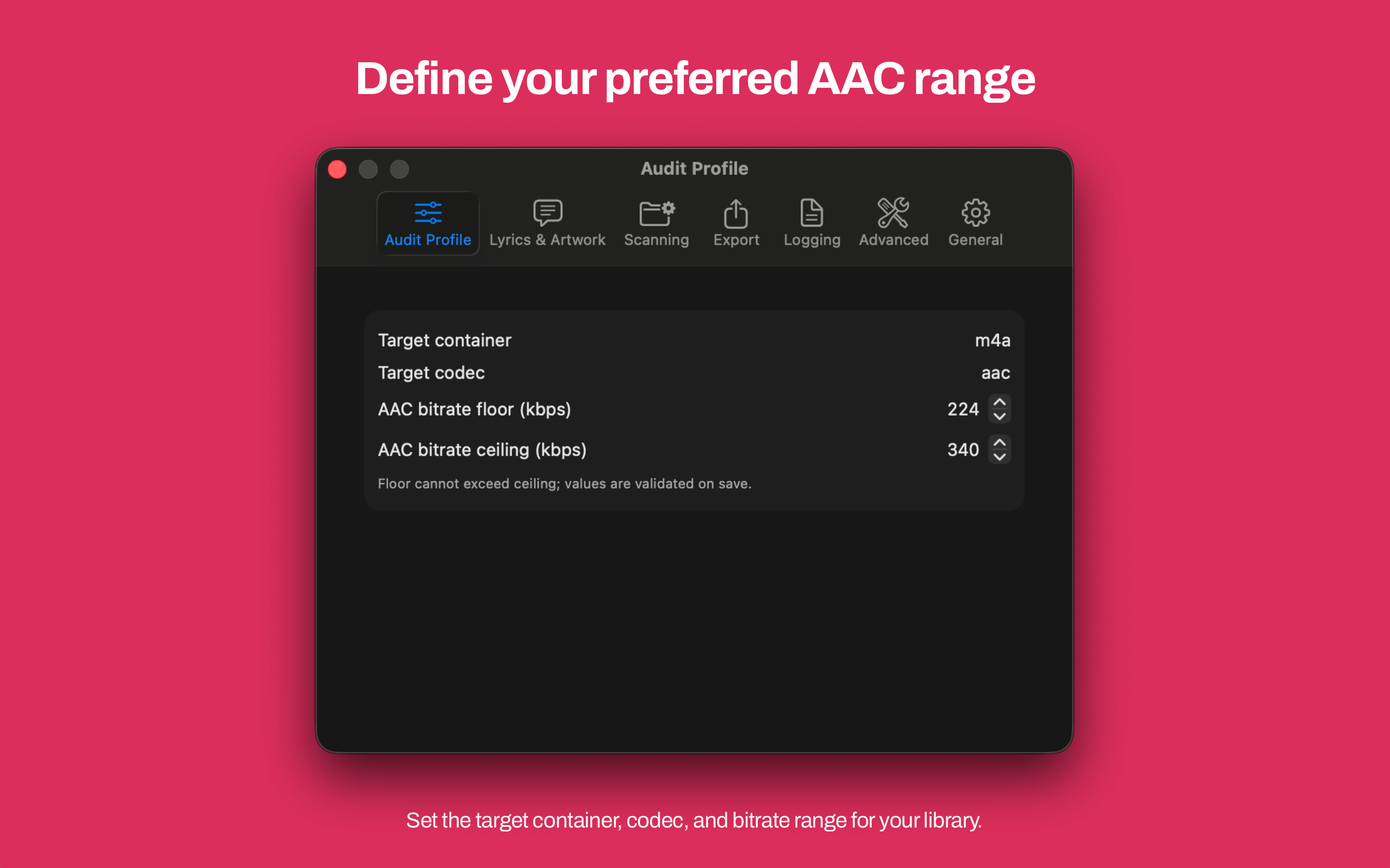 Mac Music Audit Audit Profile settings showing target m4a and aac values with AAC bitrate floor and ceiling controls