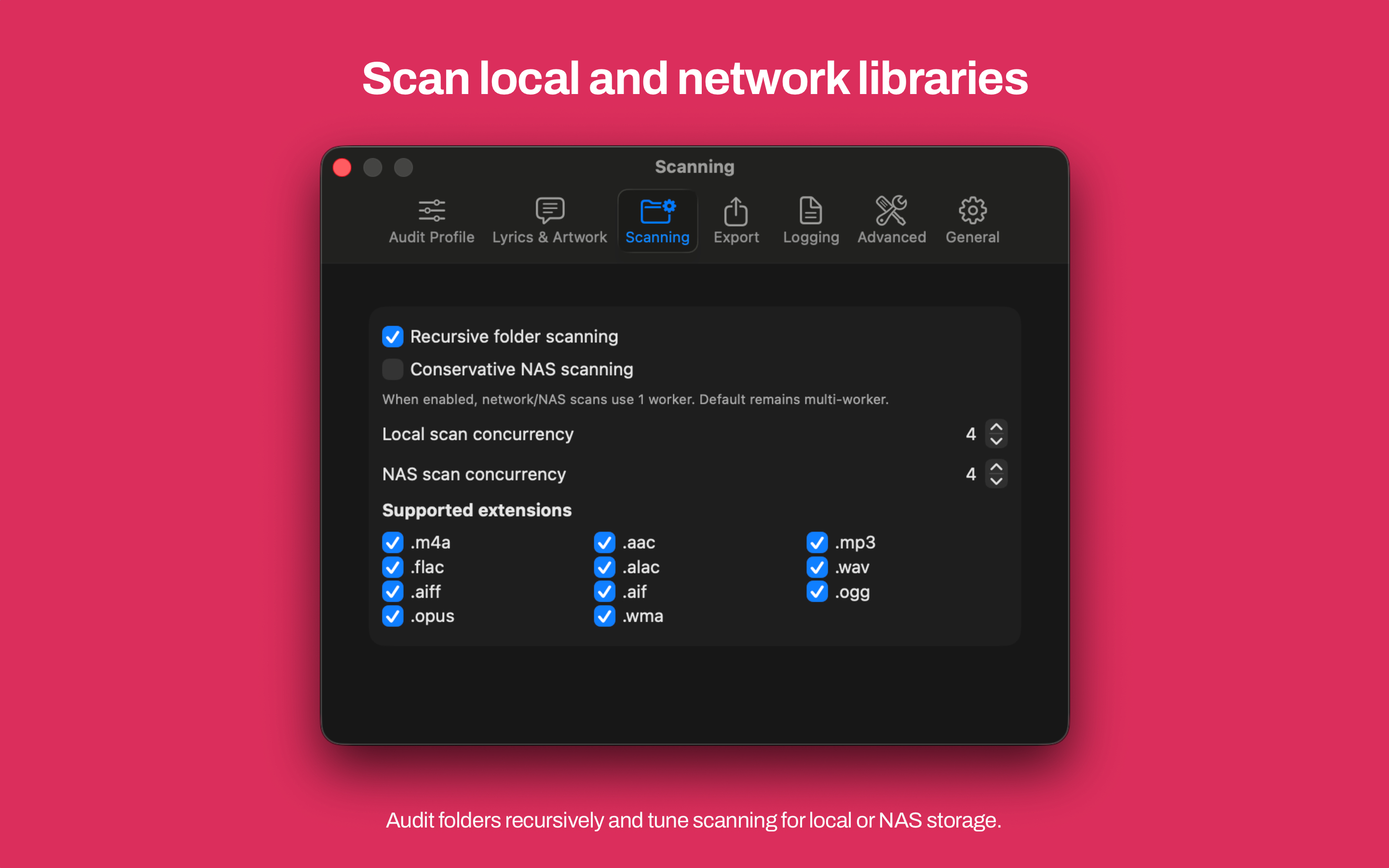 Mac Music Audit Scanning settings with recursive folder scanning, local and NAS concurrency, and supported audio extensions