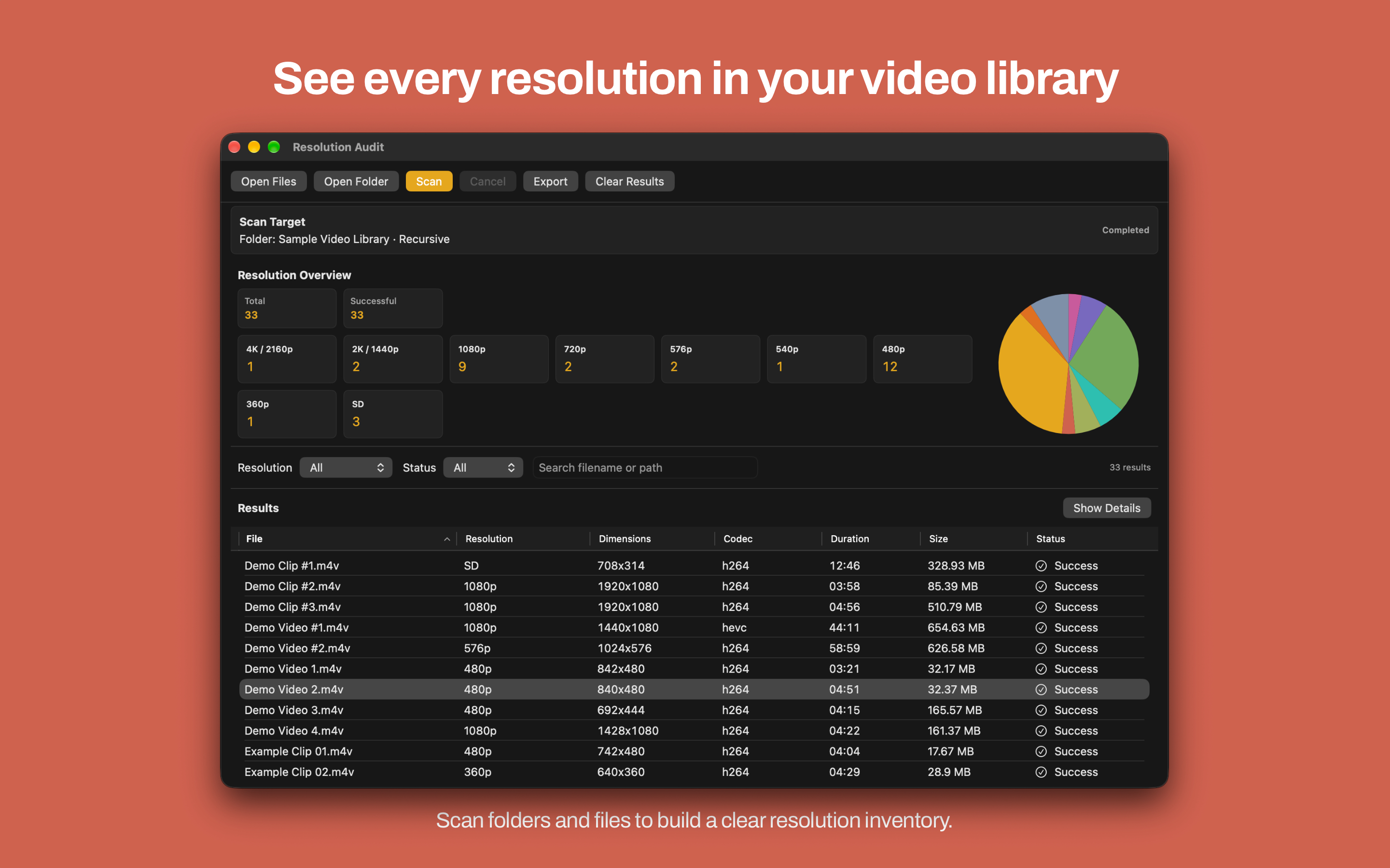 Mac Resolution Audit dashboard after a completed scan, with resolution overview cards, pie chart, and results table