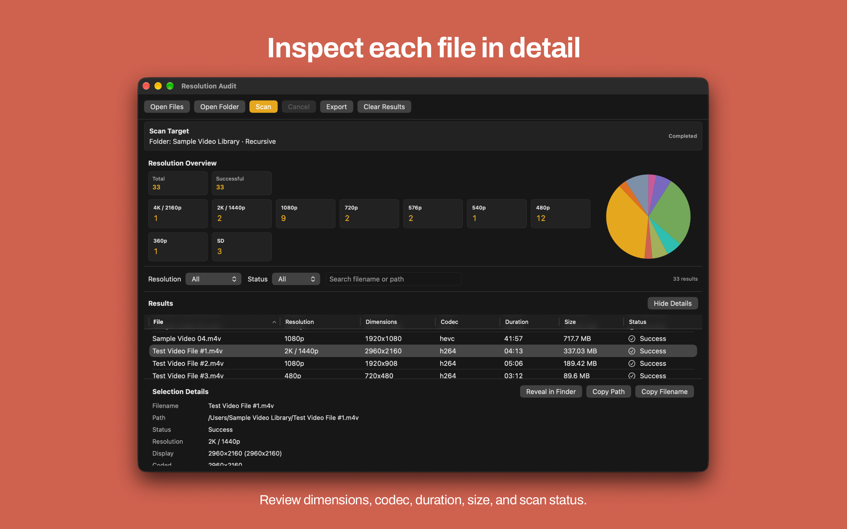 Mac Resolution Audit with a selected file and Selection Details showing path, dimensions, codec, and Finder actions
