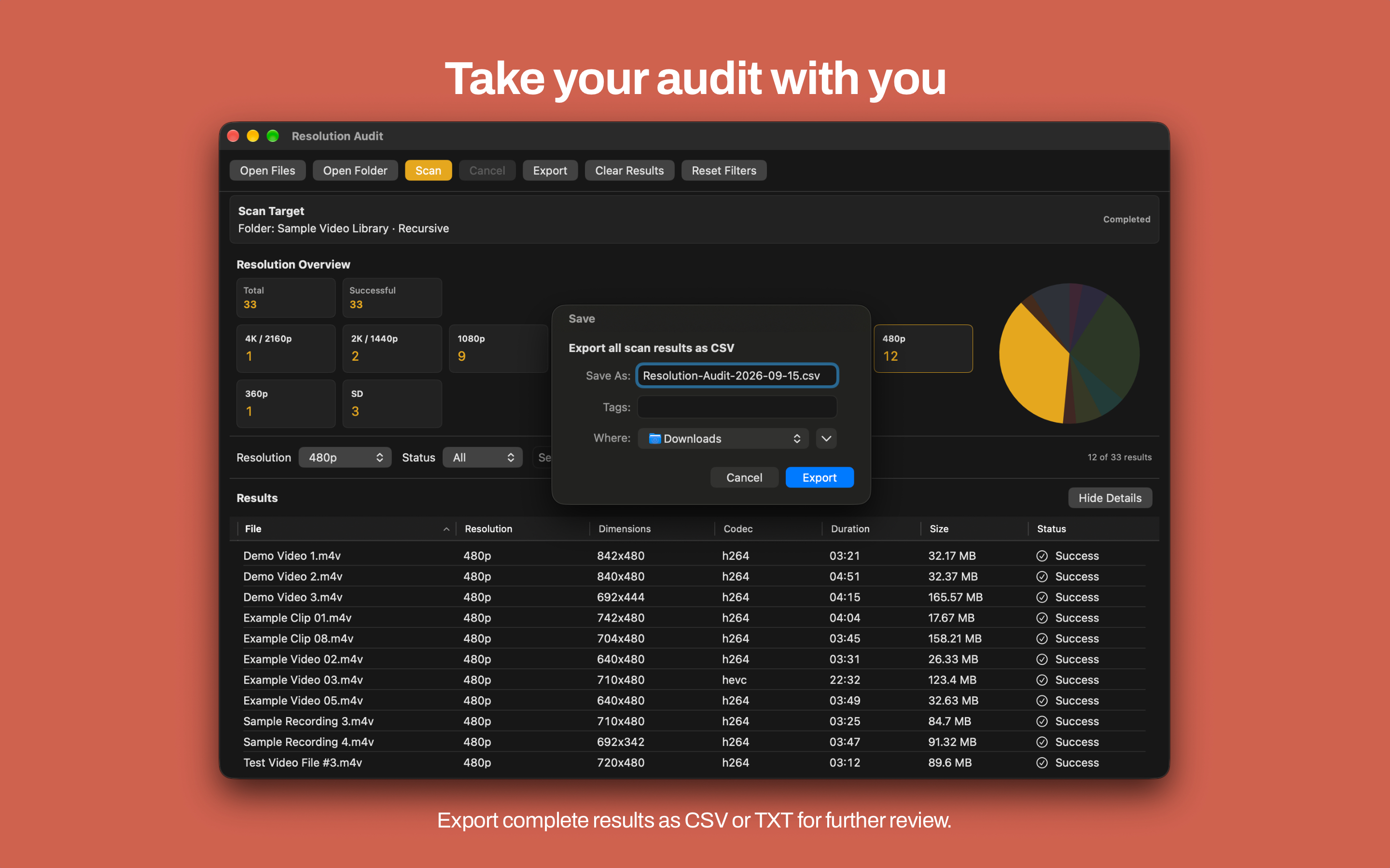 Mac Resolution Audit export sheet saving scan results as CSV or TXT to Downloads