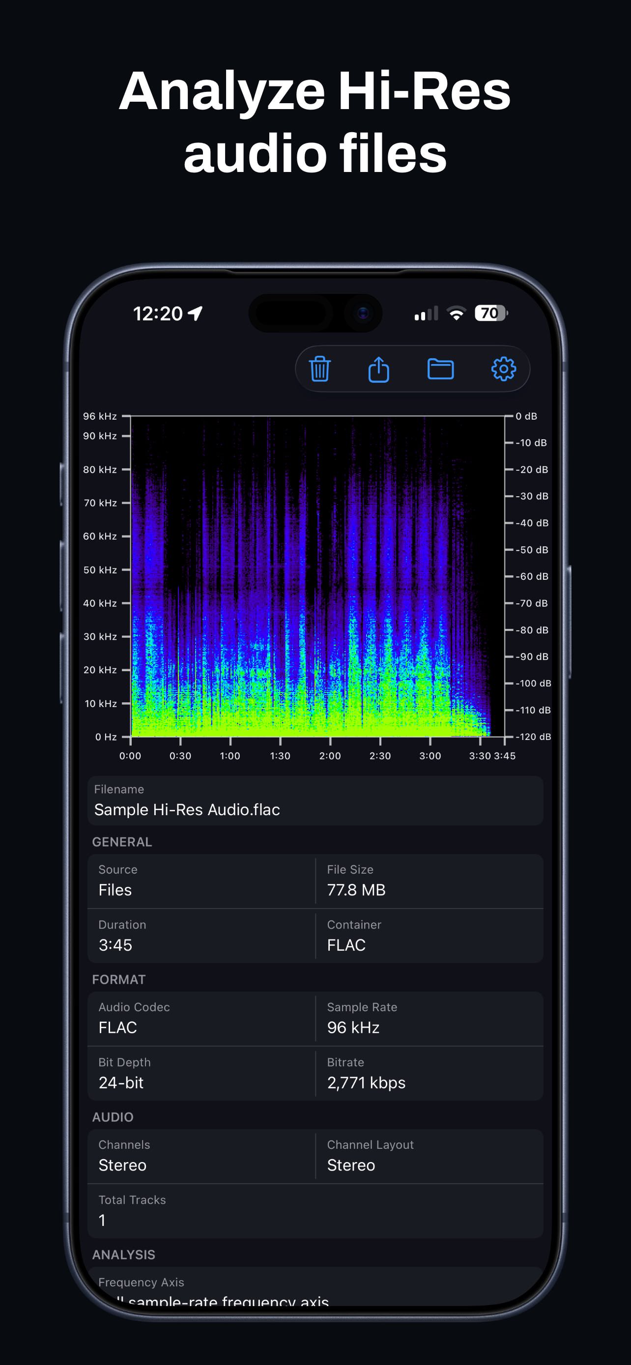 Audio Spectrogram Analyzer on iPhone analyzing a hi-res audio file