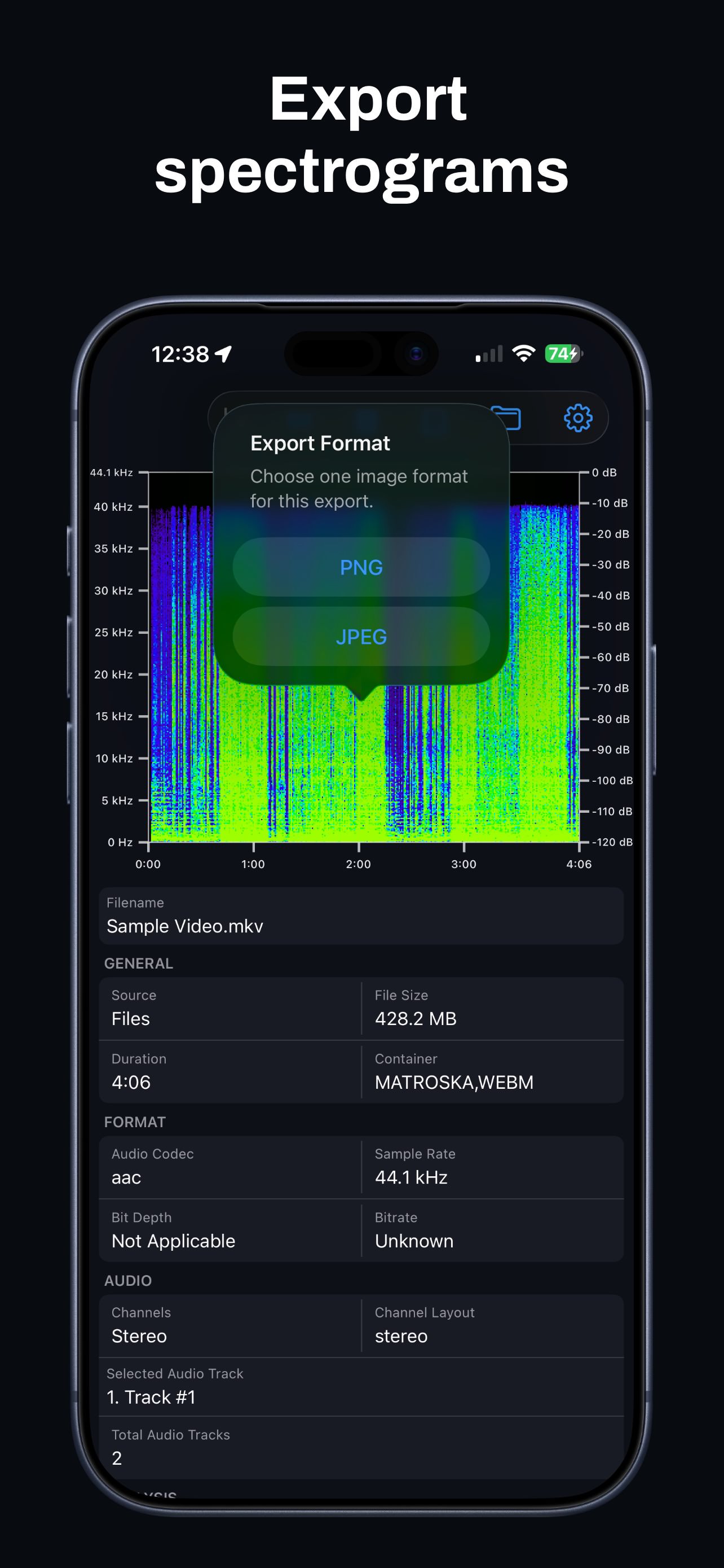 iPhone export options for spectrogram images
