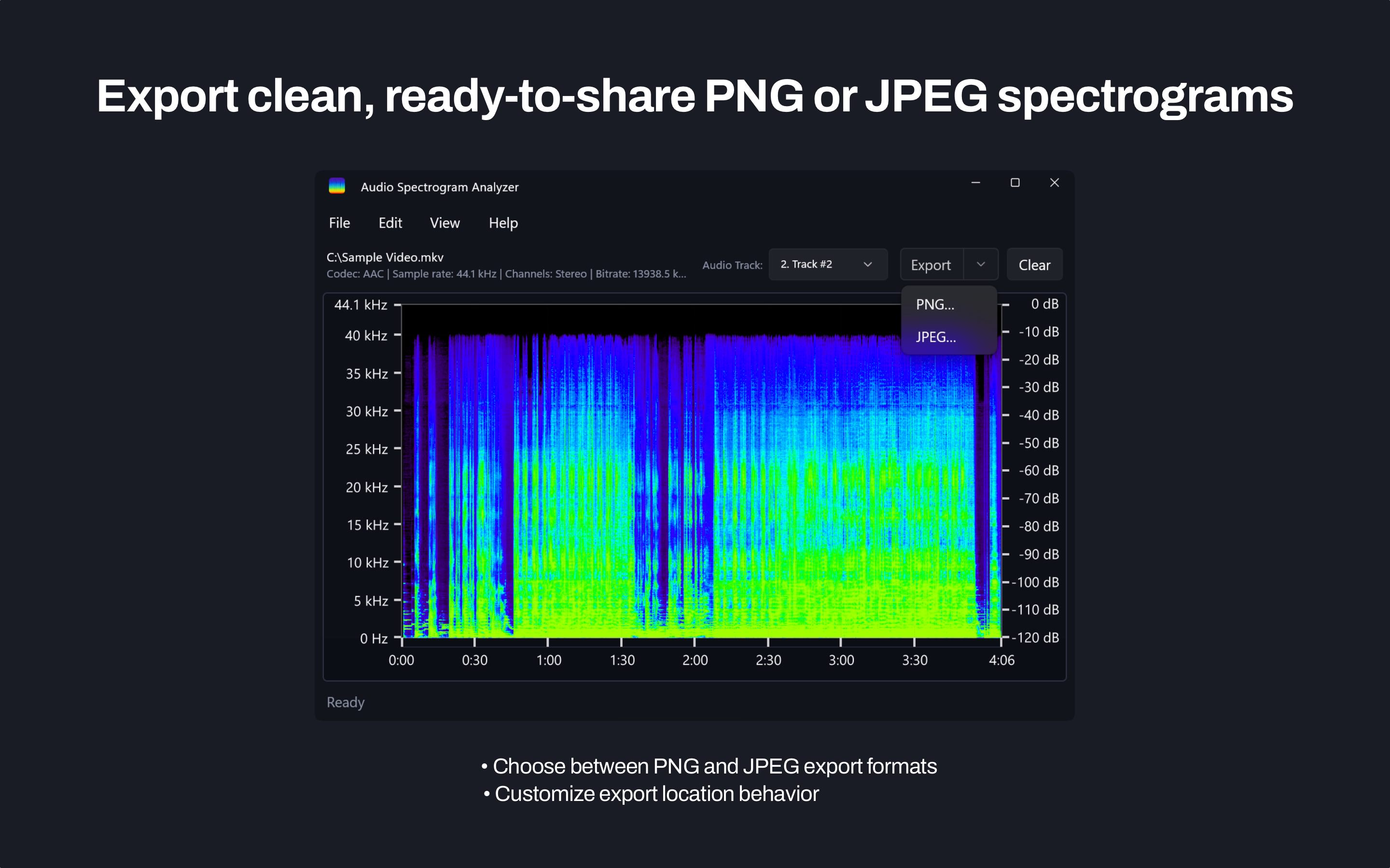 Windows export options for PNG or JPEG spectrogram images