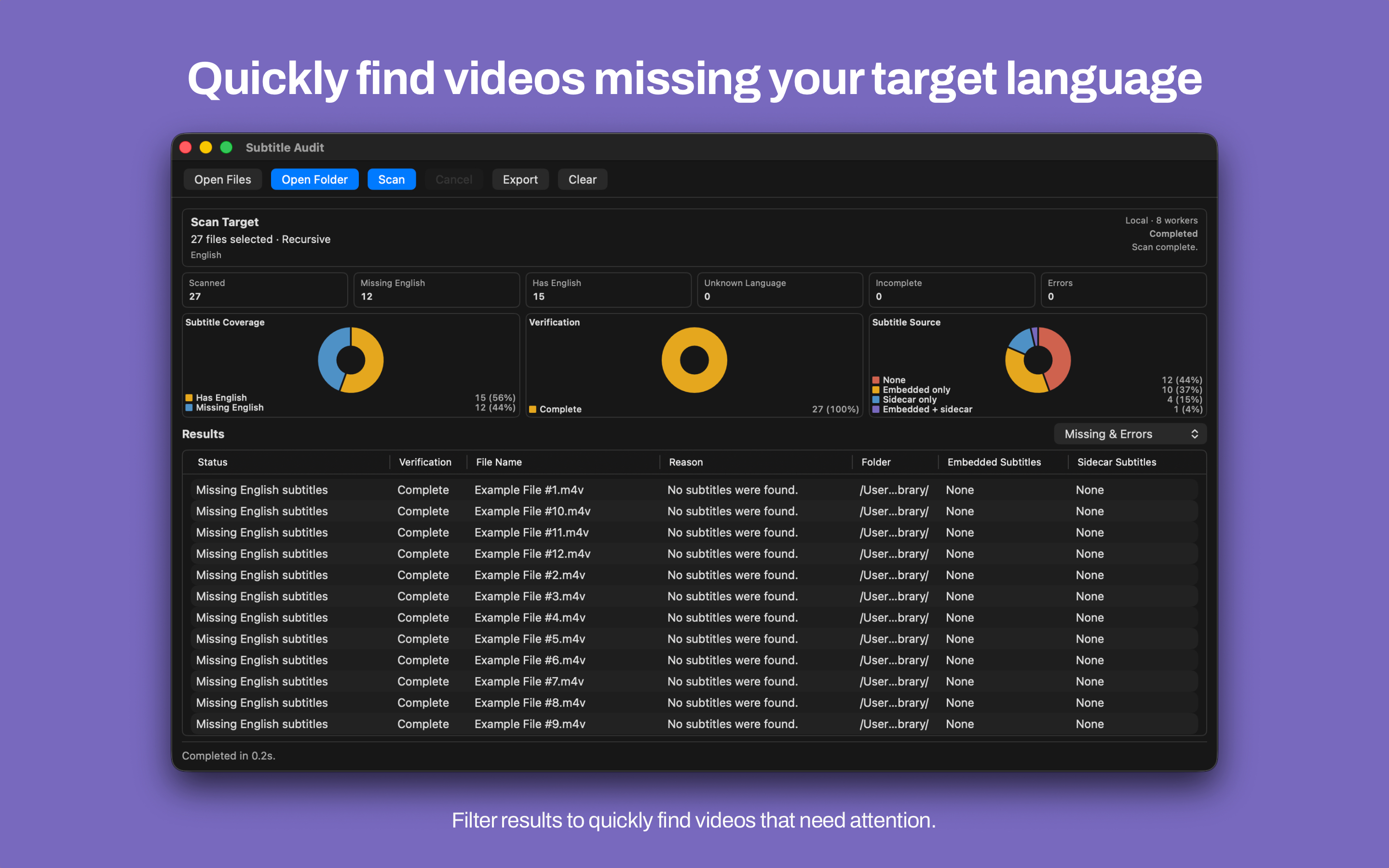 Mac Subtitle Audit results filtered to Missing and Errors, listing videos missing English subtitles