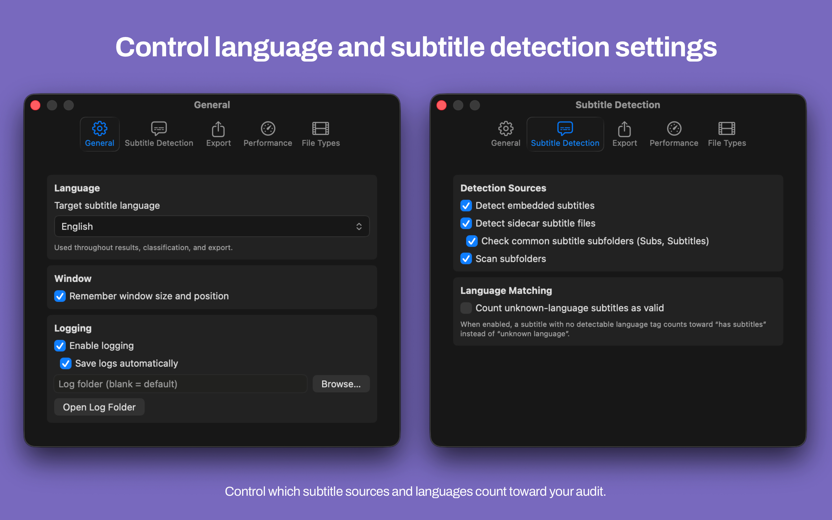 Mac Subtitle Audit General and Subtitle Detection settings showing target language English and detection source options