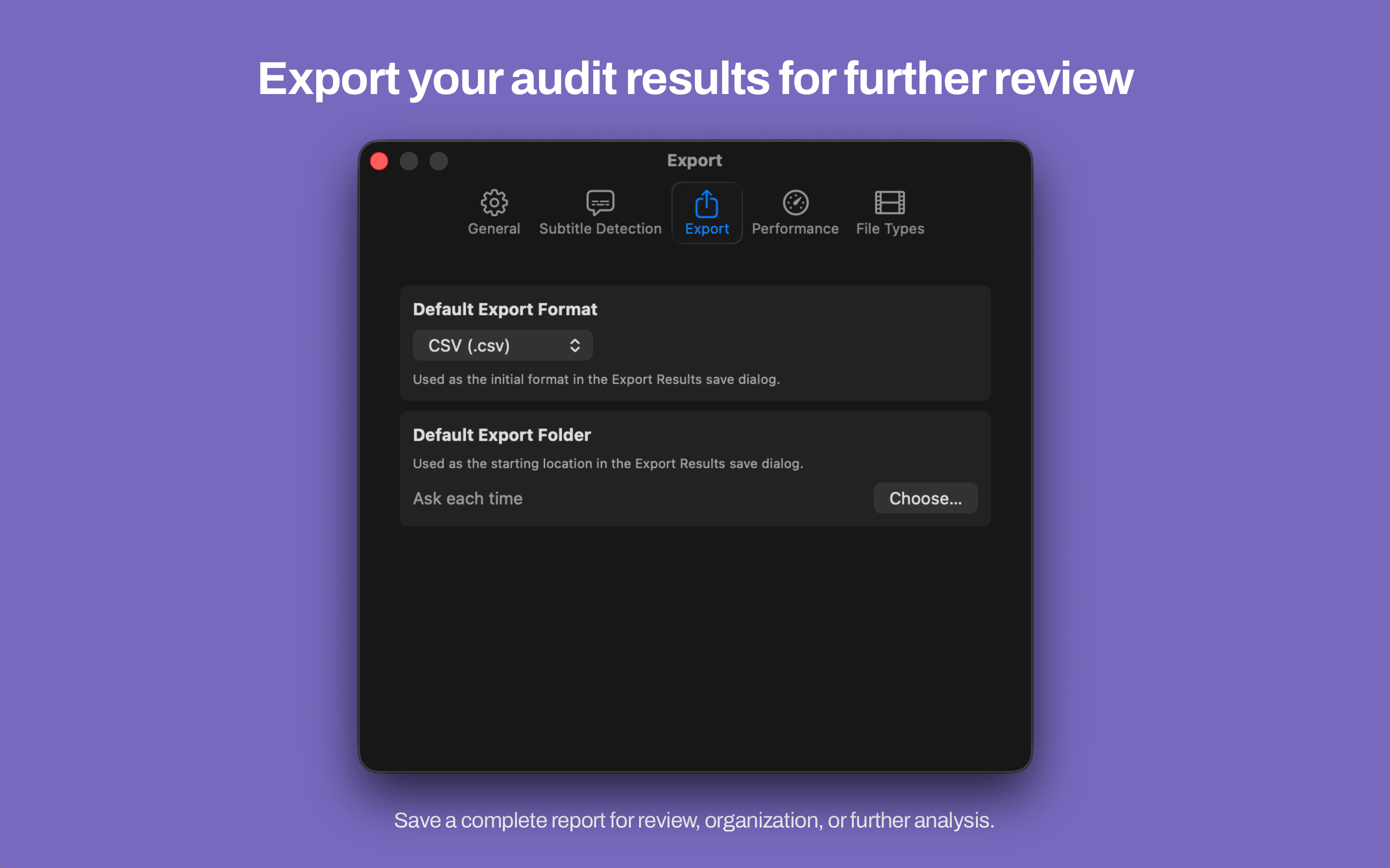 Mac Subtitle Audit Export settings with default CSV format and Ask each time for the export folder