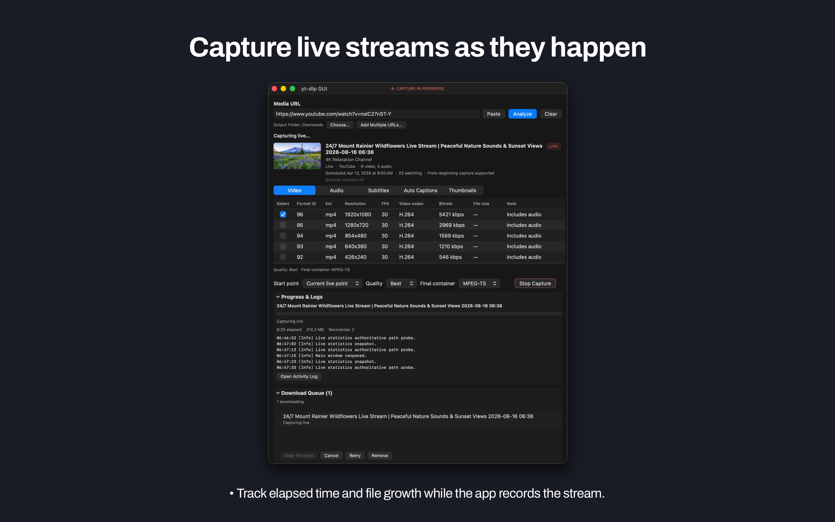 Mac yt-dlp GUI capturing a live stream, with elapsed time and file growth